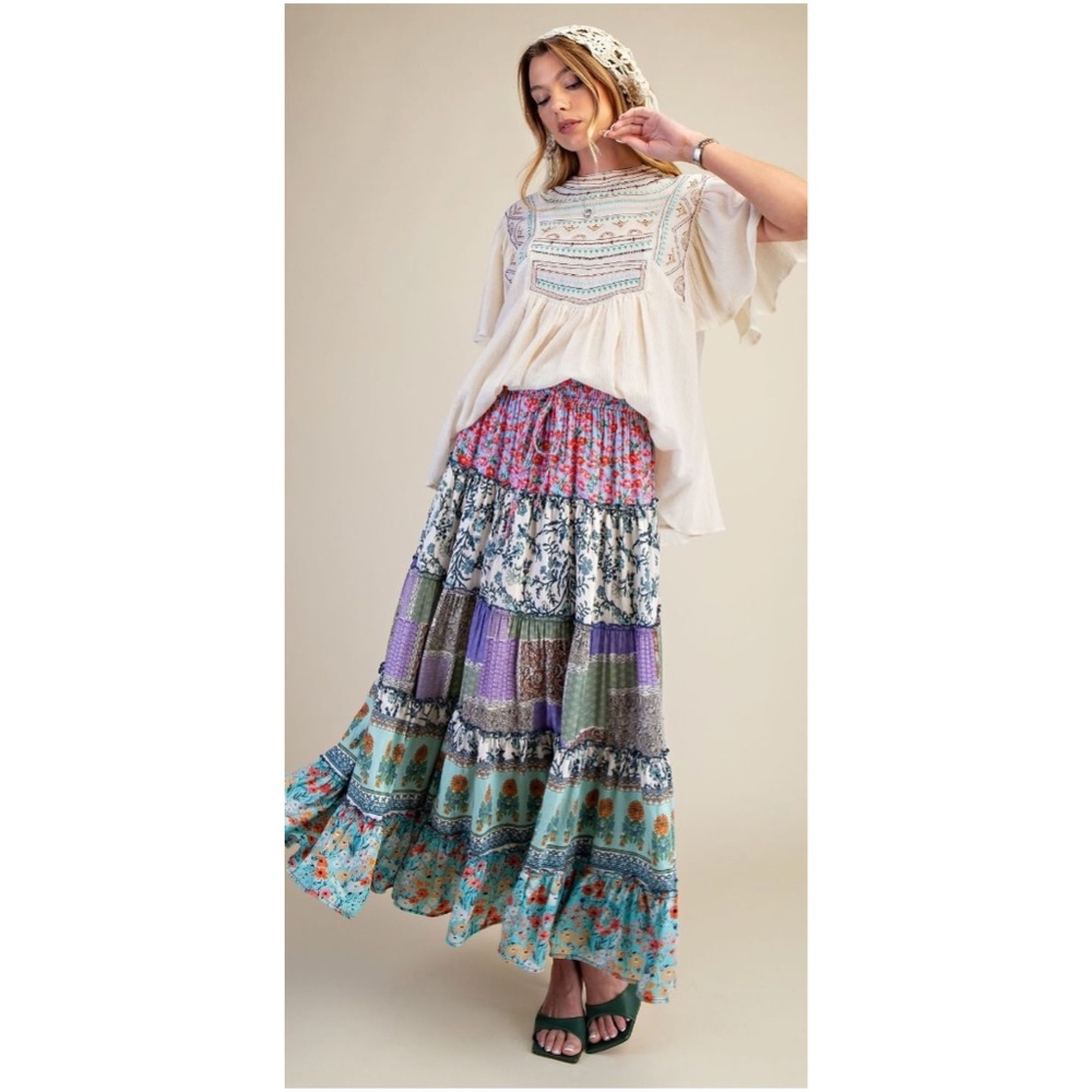 Bohemian Tiered Maxi Skirt in Multi Floral - Picture 2 of 5